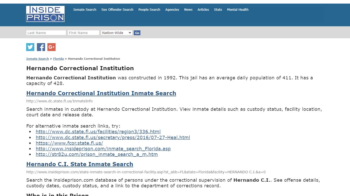 Hernando Correctional Institution - Florida - Inmate Search